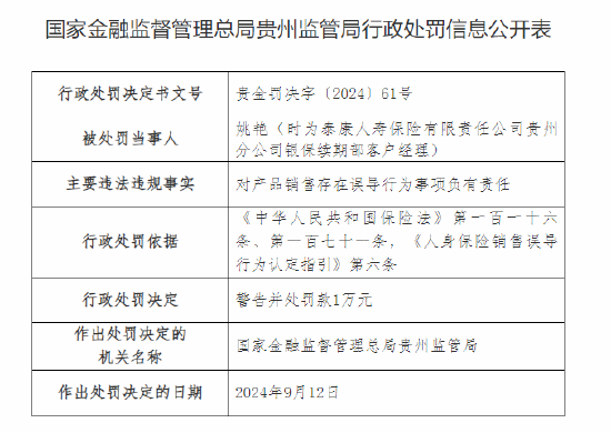 泰康人壽貴州分公司被罰42萬元：因未如實記錄保險業務事項等違法違規行為