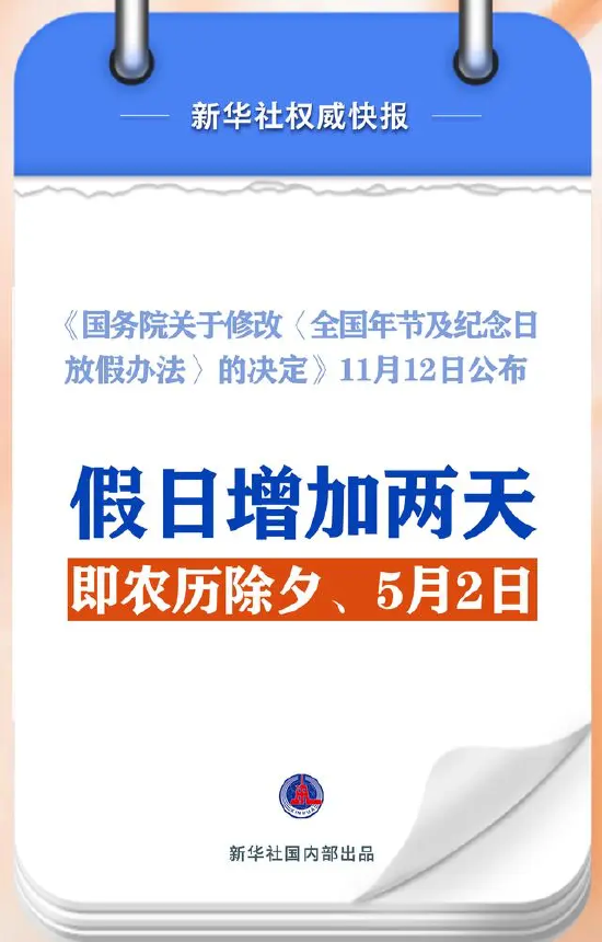 春節和勞動節各增1天！2025年放假安排來了