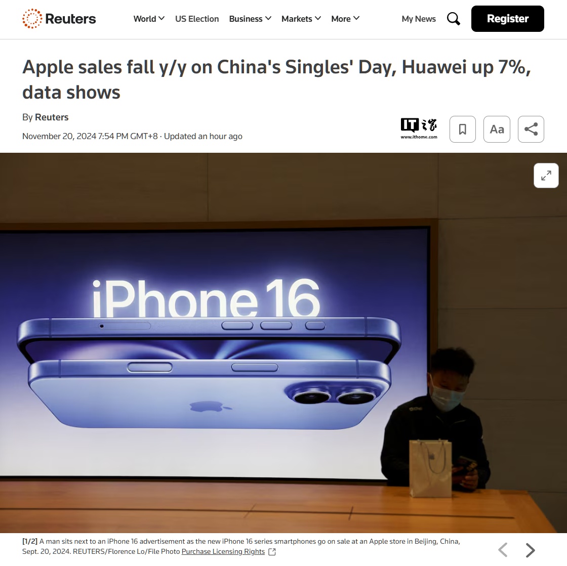 Counterpoint：蘋果 iPhone 雙十一期間在華銷量同比下滑兩位數百分比