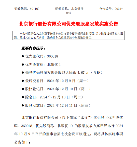 北京銀行：發布優先股股息發放實施公告 每股優先股派發現金股息人民幣4.67元