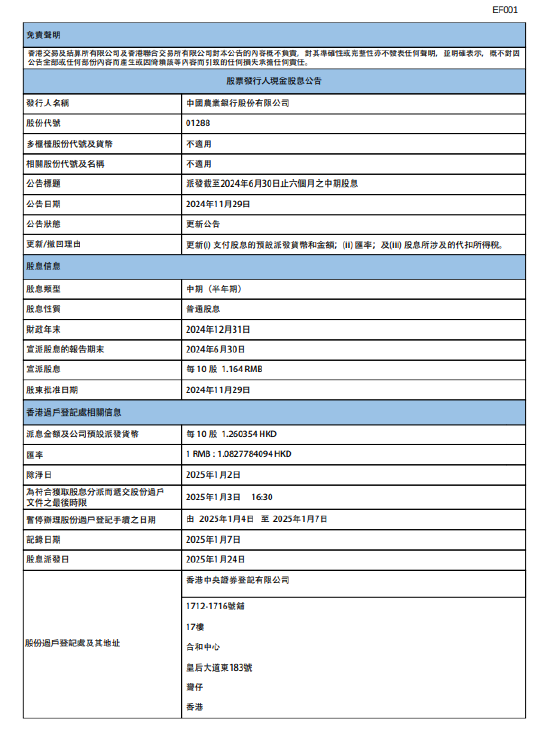 農業銀行：2024年中期股息每10股派1.164元人民幣