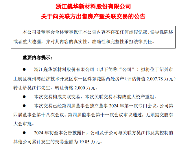 上市公司要將6000余平方米房產轉讓給董事長，作價2000萬元
