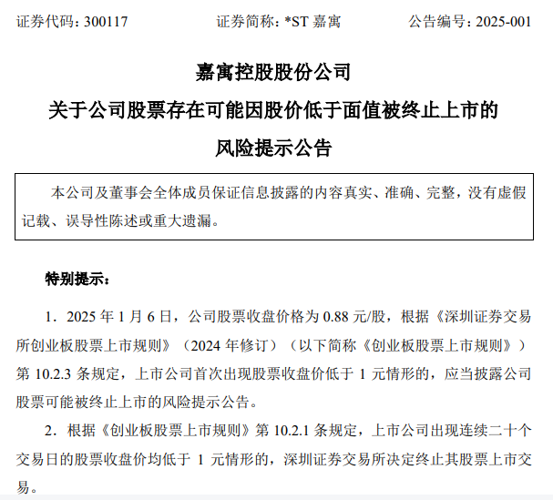*ST嘉寓提示存在“面值退”風險，收盤價首次低于1元/股
