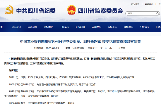 農業銀行四川省達州分行黨委委員、副行長趙輝被查