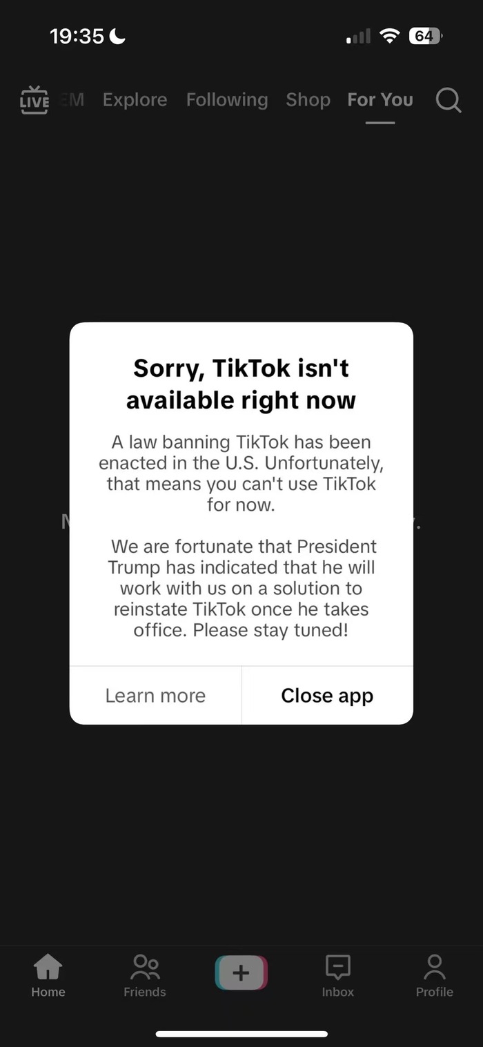 TikTok停止在美服務，稱特朗普表示上任后將共同尋求恢復其使用