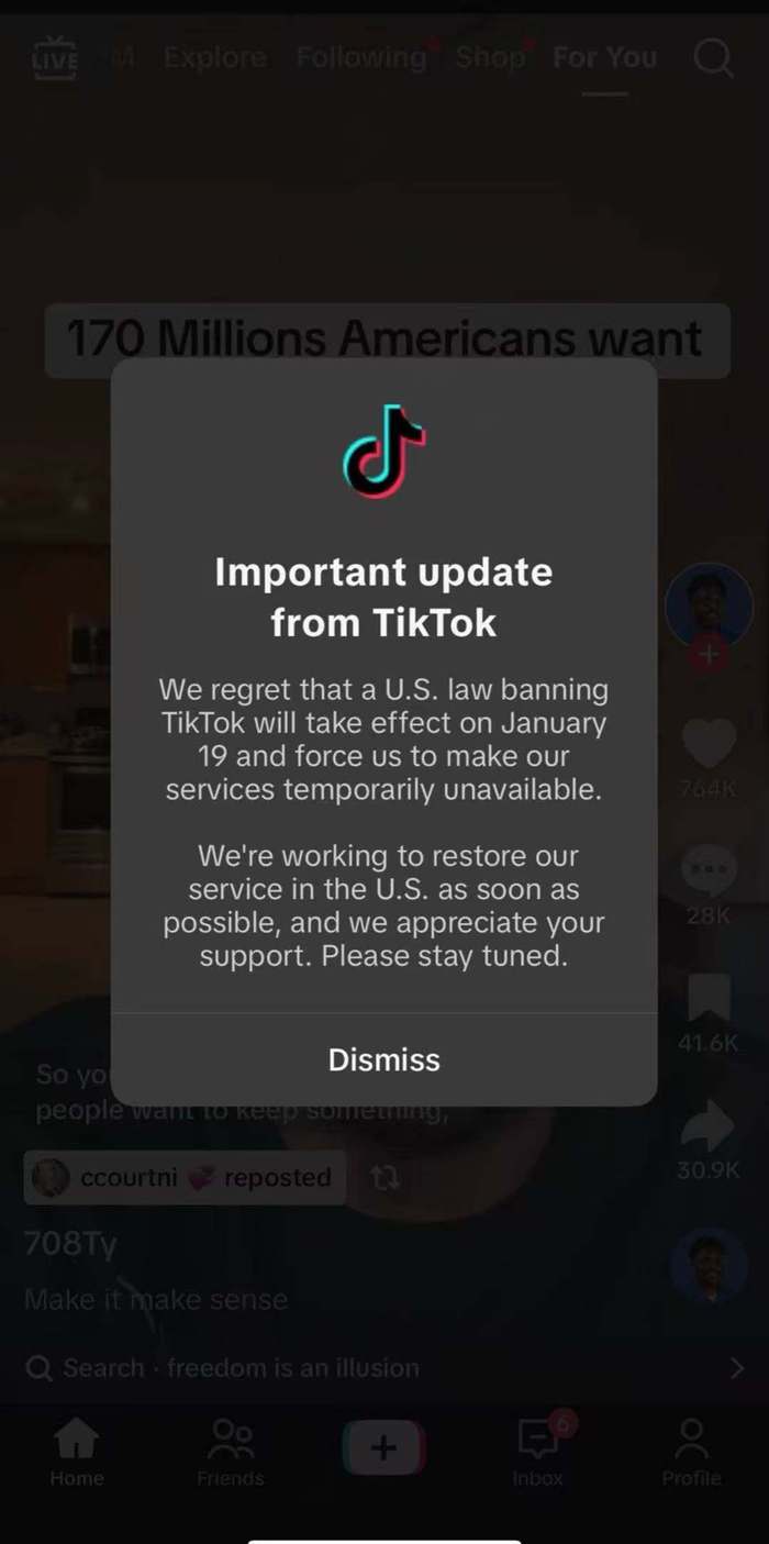 TikTok推送關停通知：正盡快努力在美國恢復服務