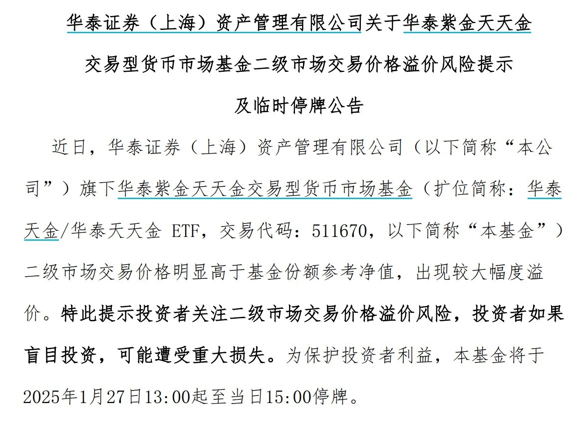 出現較大幅度溢價，9只貨幣型ETF午后集體停牌