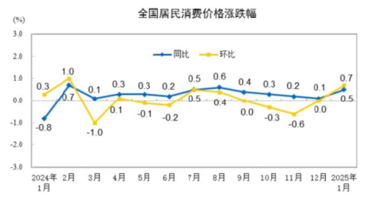 國家統計局：2025年1月份居民消費價格同比上漲0.5%