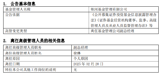 任職4年4月！銀河基金高管變更：副總經理徐琳離任