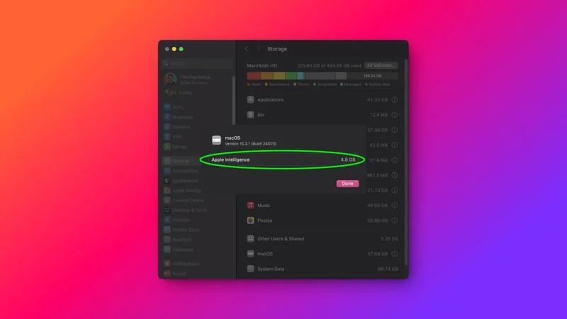 macOS 15.4 Beta 2 隱藏 Apple 智能存儲信息，蘋果稱最多占用 7GB