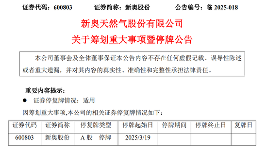 新奧股份擬籌劃重大資產重組事項，股票停牌