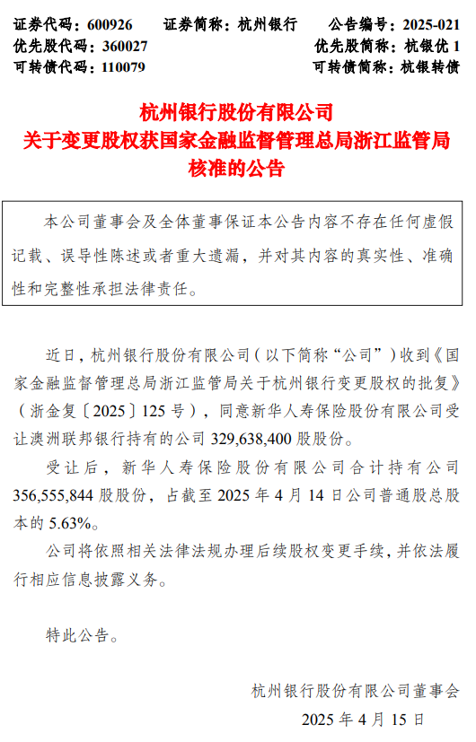 杭州銀行：新華人壽受讓澳洲聯邦銀行持有的3.29億公司股份事項獲批