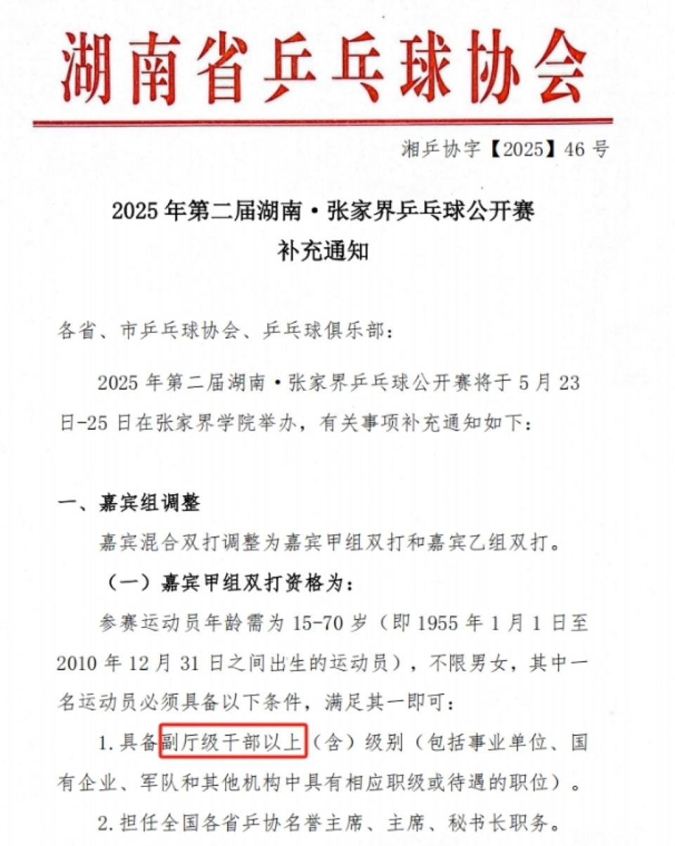 張家界乒乓球公開賽設干部職級門檻引關注，回應：僅限嘉賓組
