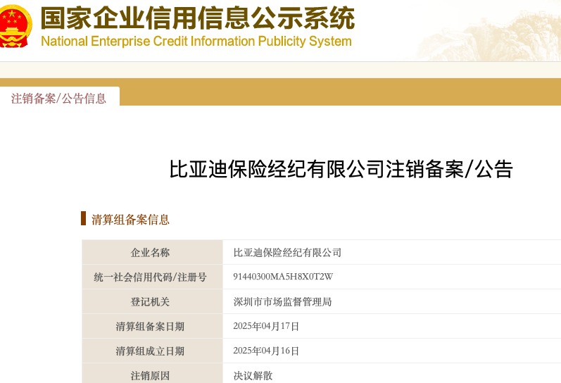比亞迪保險經紀公司注銷 相關人士回應：對保險業務不造成影響