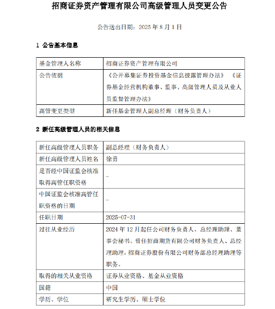 千億元級(jí)招商資管最新人事變動(dòng)！新任徐勇為副總經(jīng)理