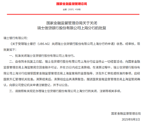 瑞士信貸銀行股份有限公司上海分行獲批關閉