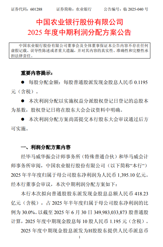 農行發布中期利潤分配方案：擬每10股派發現金股息人民幣1.195元